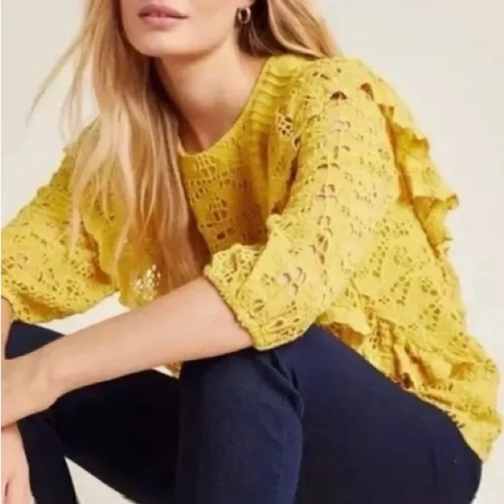 Anthropologie Yellow Lace Ruffle Blouse